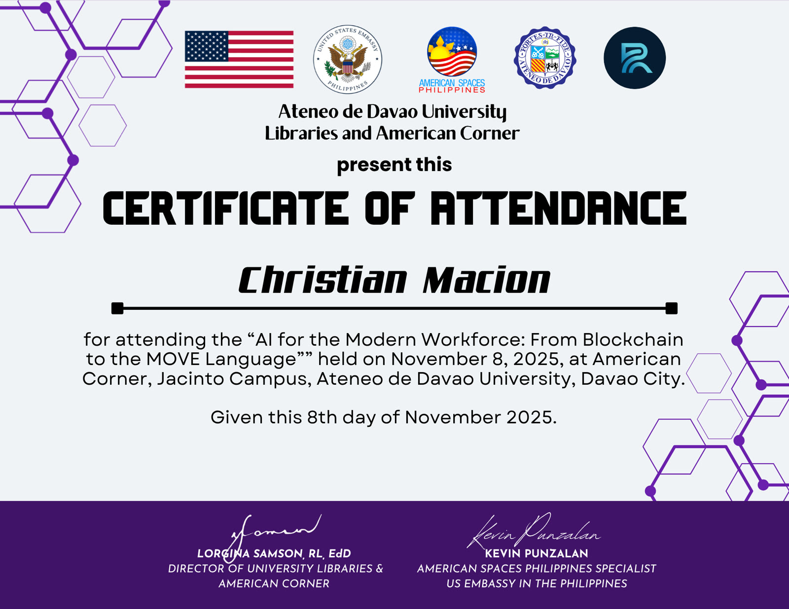 Co-signed certificate from Ateneo de Davao University and US Embassy American Spaces Philippines for the AI for the Modern Workforce workshop, Nov 8 2025. Signed by Lorgina Samson (Ateneo) and Kevin Punzalan (US Embassy).